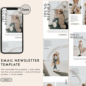 May include: Email newsletter template with a beige and white color scheme. The template features a phone screen displaying a trend report with a photo of a woman wearing a beige coat and hat. The template also includes text boxes for headlines, descriptions, and calls to action.