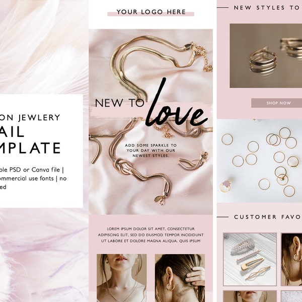 Fashion Jewelry Ecommerce Email Template, E-mail Newsletter Canva or PSD Template,  Blush Fully Editable E-blast Template, Instant Download