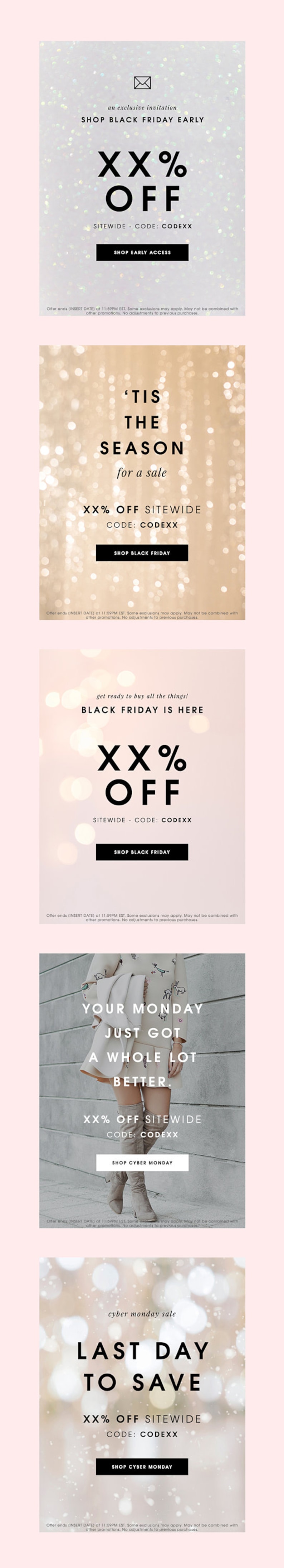 May include: A series of promotional images advertising sales. The images feature text such as "Shop Black Friday Early", "Black Friday is Here", and "Cyber Monday Sale", all offering a percentage off sitewide.