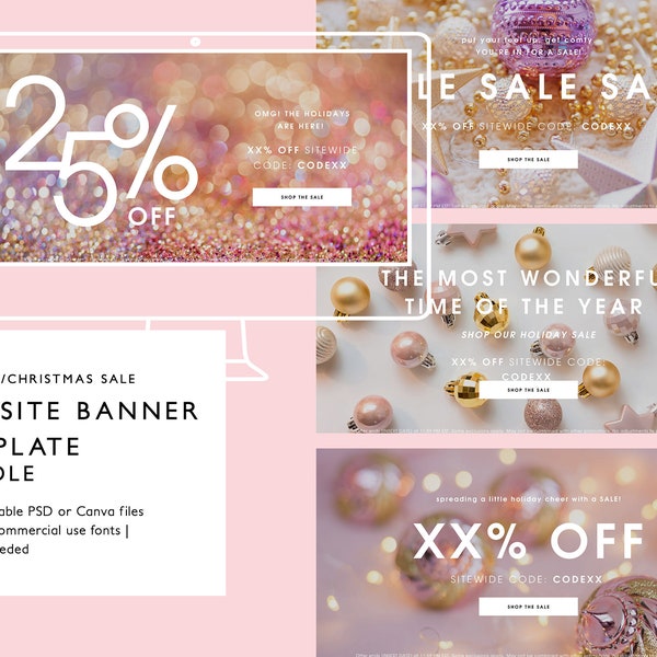 Holiday Christmas Sale Website Homepage Banner Templates, Blush Feminine Homepage Banners, Fully Editable in PSD or Canva, Instant Download