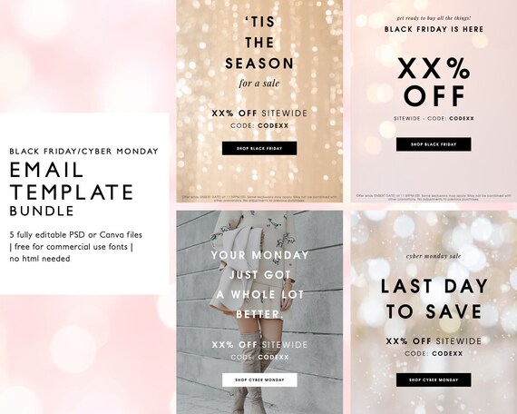 Black Friday Cyber Monday Sale Email Marketing Template, Glitter Email Newsletter, Fully Editable PSD or Canva Template, Instant Download