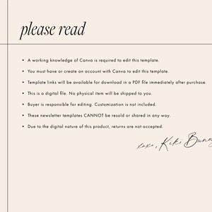 May include: A white background with black text outlining the requirements for using a Canva template. The text reads "please read" at the top and includes bullet points with information about using the template. The text at the bottom reads "Kake, Kiki Bunny".