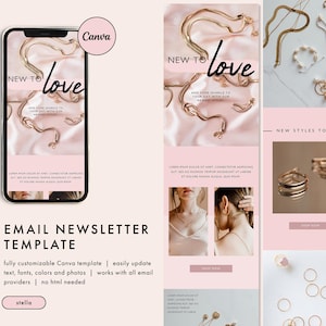 E-postmall för minimalistiska smycken, e-postmarknadsföringsmall för modern blush, e-postmall för Canva, e-postnyhetsbrev för feminina smycken