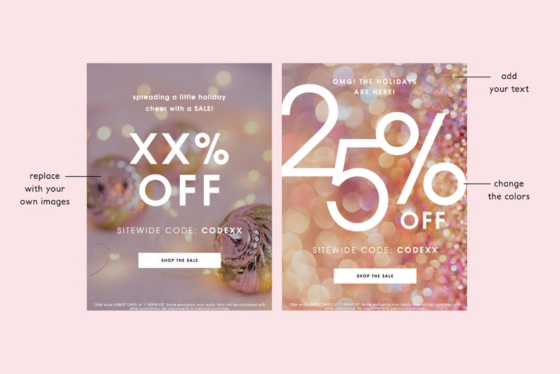 Holiday Christmas Sale Email Marketing Template Bundle, Blush Pink Email Newsletter, Fully Editable PSD or Canva Template, Instant Download image 2