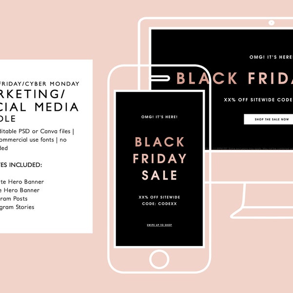 Black Friday Cyber Monday Sale Email Marketing/Social Media Templates, Homepage Banners, Fully Editable in PSD or Canva, Instant Download