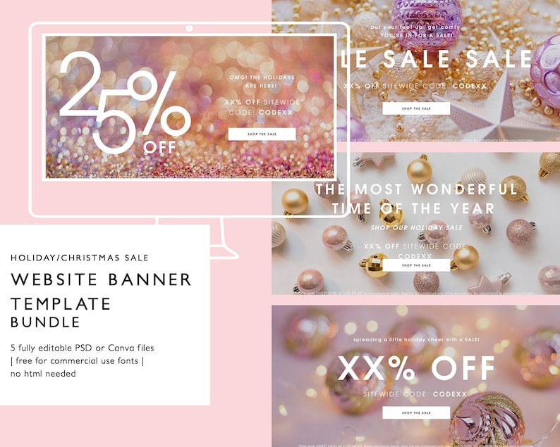 May include: A set of five website banner templates for holiday or Christmas sales. The banners feature a pink and gold color scheme with sparkling ornaments and the text "OMG! The Holidays Are Here!" and "XX% Off Sitewide Code CODEXX".