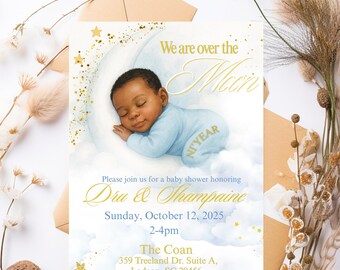 May include: Baby shower invitation with a sleeping baby on a crescent moon, gold stars, and text. The invitation includes the text "We are over the Moon" and details for Dru & Shampaine's baby shower on October 12, 2025.