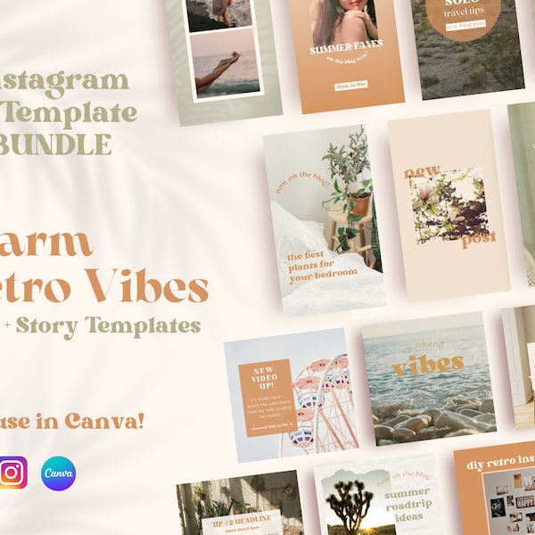 Warm Retro Vibes Instagram BUNDLE Post + Story Templates | warm retro boho | Customizable Templates for Brands, Creators, Bloggers, Business