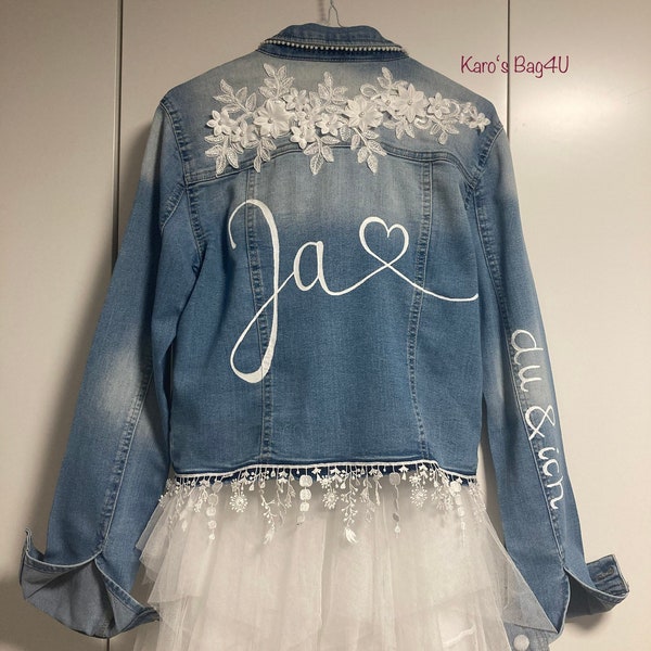 Upcycling Cropped Braut-Jeansjacke „Ja“, Gr. S / 36