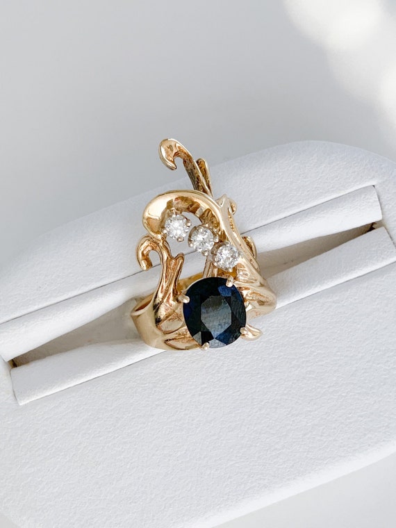 14K Solid Gold Large Sapphire & Diamond Ring