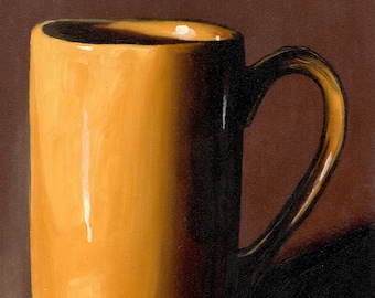 Oil Painting, Wall Art, Yellow Mug Realistic on Warm Brown Background, Oil on Hardboard, Giclee Print