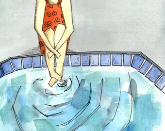 Lifestyle Art, Surf Art, Dipping my Toes into the Pool, Poolside, Swimming, Sunbathing, Vintage: Watercolor on Paper, Giclee Print