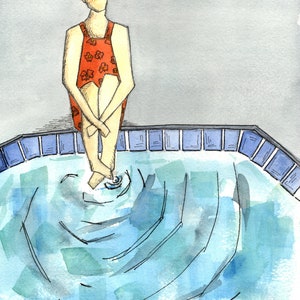 Lifestyle Art, Surf Art, Dipping my Toes into the Pool, Poolside, Swimming, Sunbathing, Vintage: Watercolor on Paper, Giclee Print