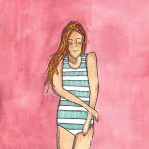 Surf Art, Striped Swimsuit: Watercolor on Paper Giclee Print
