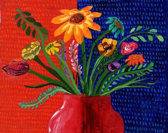 Retro Floral Wall Art, Colorful Variety of Flowers in a Vase,  Acrylic on Hardboard, Giclee Print