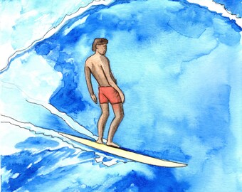Surf Art, Pipeline Barrel with Surfer with Style: Watercolor on Paper Giclee Print