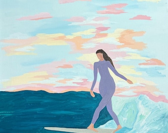 Surf Art, Wall Art, Pink Sunrise Glide, To The Nose, Longboard Glide, Hang Ten, Sky, Girl,Backside Balance:  Acrylic on Canvas, Giclee Print