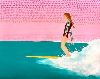 Surf Art, Wall Art, In Perfect Trim,Pink, Sunset, Style, Longboard Glide, Hang Ten, Sky, Girl, Beach Print:  Acrylic on Canvas, Giclee Print