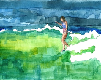 Surf Art, Surfer Girl Hanging Ten Californian Style: Watercolor on Paper Giclee Print