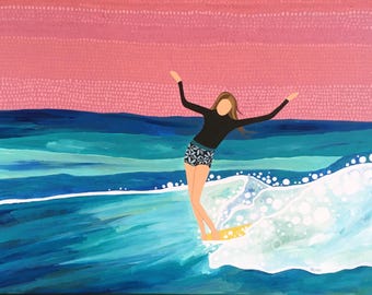Surf Art, Wall Art, Pink Sunset Glide, To The Nose, Longboard Glide, Hang Ten, Sky, Girl,Backside Balance:  Acrylic on Canvas, Giclee Print
