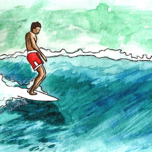 May include: Watercolor illustration of a surfer riding a wave. The surfer, with brown skin, is wearing red shorts and standing on a white surfboard. The wave is turquoise and white, with a green and blue sky.
