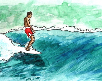 Surf Art, Classic Red Swimsuit Surfer with Speed and Style: Watercolor on Paper Giclee Print