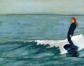 Surf Art, Surfer Girl Cruising with Style in Blue: Oil on Art Board Giclee Print