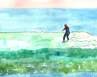 Surf Art, Surfer Girl Riding with Grace in Red Suit: Watercolor on Paper Giclee Print