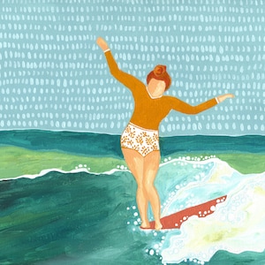 Surf Art, Wall Art, Gold Swimsuit, On The Nose, Longboard Glide, Hang Ten, Backside Balance: Acrylic on Canvas, Giclee Print
