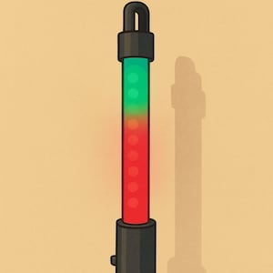 May include: A black and red traffic wand with a tripod base. The wand has a gradient of green to red lights. The wand is a safety device, likely used for directing traffic or signaling.