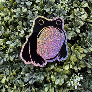 Op de afbeelding: Een zwarte kikkersticker met een holografische, glinsterende buik. De sticker is geplaatst op een bed van groene bladeren. De kikker heeft grote, ronde ogen en een eenvoudig, cartoonachtig ontwerp.