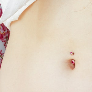 Solid 925 Silver | Small Belly Ring with Berry Pink Cubic Zirconia Crystals | 6mm 1/4" 8mm 5/16" 10mm 3/8"