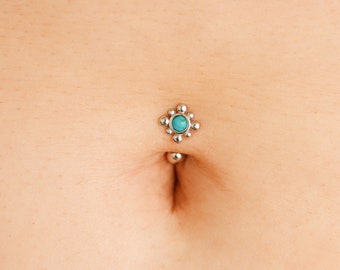 Solid 925 Silver | 14G Petite Sun Turquoise Reverse Belly Ring | 6mm 1/4" 8mm 5/16" 10mm 3/8"