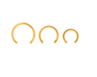 Vermeil | Fer à cheval à anneau de nez simple en argent 925 16 g plaqué or 24 carats avec bouchon | haltères circulaires | Septum | 6 mm 8 mm 10 mm