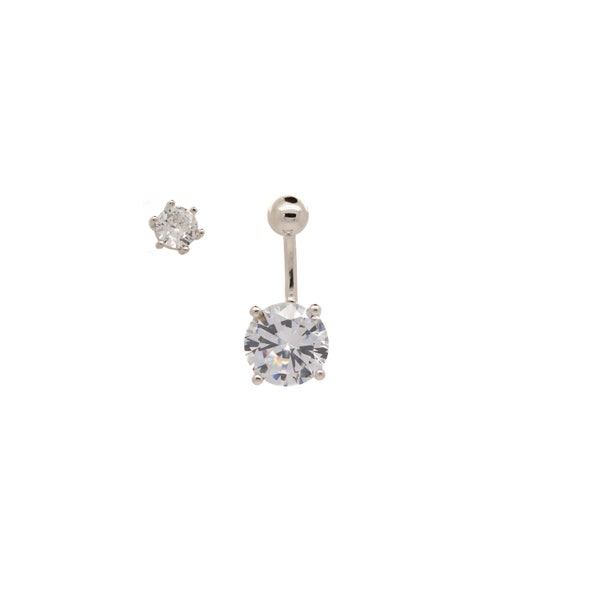 Solid 925 Silver | Solitaire Stone Belly Ring with Cubic Zirconia | 6mm 1/4" 8mm 5/16" 10mm 3/8"