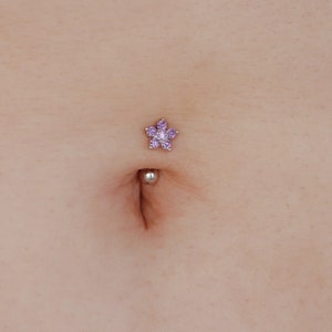Solid 925 Silver | 16G 14G Purple Petite Flower Reverse Belly Ring | 6mm 1/4" 8mm 5/16" 10mm 3/8"