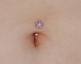 Solid 925 Silver | 16G 14G Purple Petite Flower Reverse Belly Ring | 6mm 1/4" 8mm 5/16" 10mm 3/8"