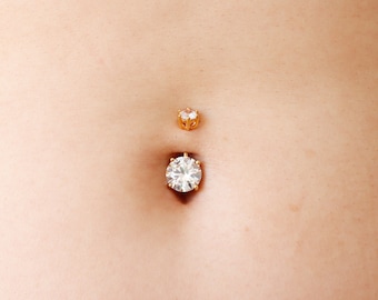 Vermeil | 925 Silver 24k Gold Coated Solitaire Stone Belly Ring with Cubic Zirconia | 6mm 1/4" 8mm 5/16" 10mm 3/8"