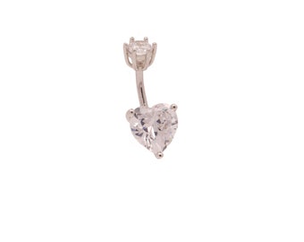 Solid 925 Silver | Solitaire Heart-shaped Stone Belly Ring | 6mm 1/4" 8mm 5/16" 10mm 3/8"