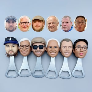 May include: Set of ten bottle openers featuring different faces of men. Each opener is made of metal and has a silver finish. The faces are printed on the front of the openers.