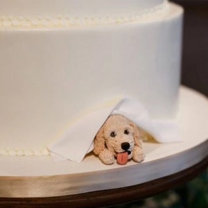 May include: A white wedding cake with a fondant dog peeking out from under the bottom tier.