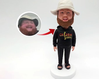 以下が含まれることがあります： 人の顔が描かれたカスタムボブルヘッド人形。人形は、前面に「CASEOH Games」という文字が書かれた黒いパーカーを着ています。人形は白い帽子と黒いズボンを履いています。人形は白い台座の上に立っています。