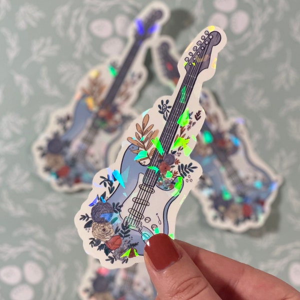 floral electric guitar sticker | holographic sticker | musician sticker | instrument sticker | die cut sticker | bottle and case sticker