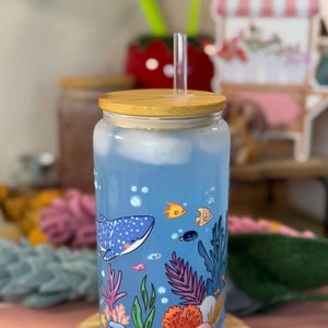 Coral Reef tumbler | glass 16oz tumbler | ocean, seaside, fish, whale | glass tumbler with lid and straw | cute beach gift for her