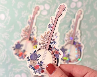 floral banjo sticker | holographic sticker | musician sticker | bluegrass sticker | die cut sticker | laptop and water bottle sticker