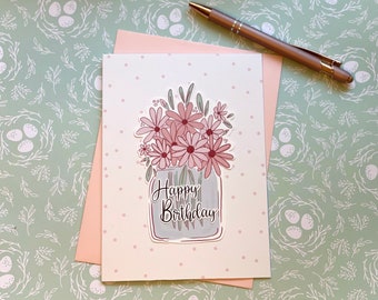 Happy birthday card | floral birthday card | floral jar card | birthday card | blank greeting card | birthday card for her