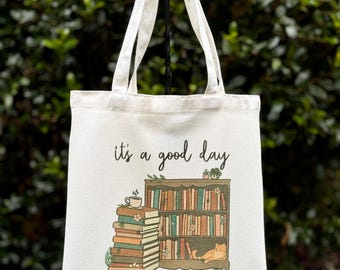 Het is een goede dag om een boekentas te lezen | draagtas bloemenbibliotheek | cadeau voor haar | schattige boekentas katten | boekencadeau
