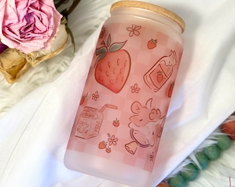strawberry cow frosted can glass | pink 16oz tumbler | Valentine&#39;s Day gift | glass can with lid and straw | cute coffee cup gift for her