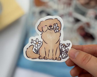 Pegatina de margaritas doradas / Pegatina de lindo retriever / Pegatina de lindo perro / Pegatina de mamá perro / Pegatina de lindo cachorro floral / Regalo para ella