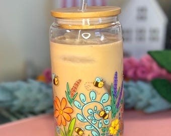 Glass floral bee tumbler | floral 16oz tumbler | cute honey bee tumbler | glass tumbler with lid and straw | cute iced coffee gift for her